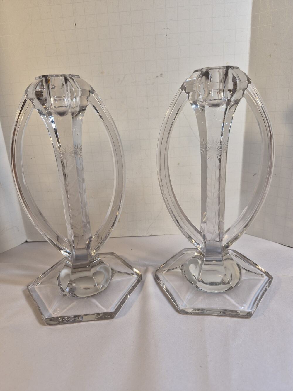 VTG Westmoreland Clear Glass Candle Sticks Etched Atomic Starburst 8.5"